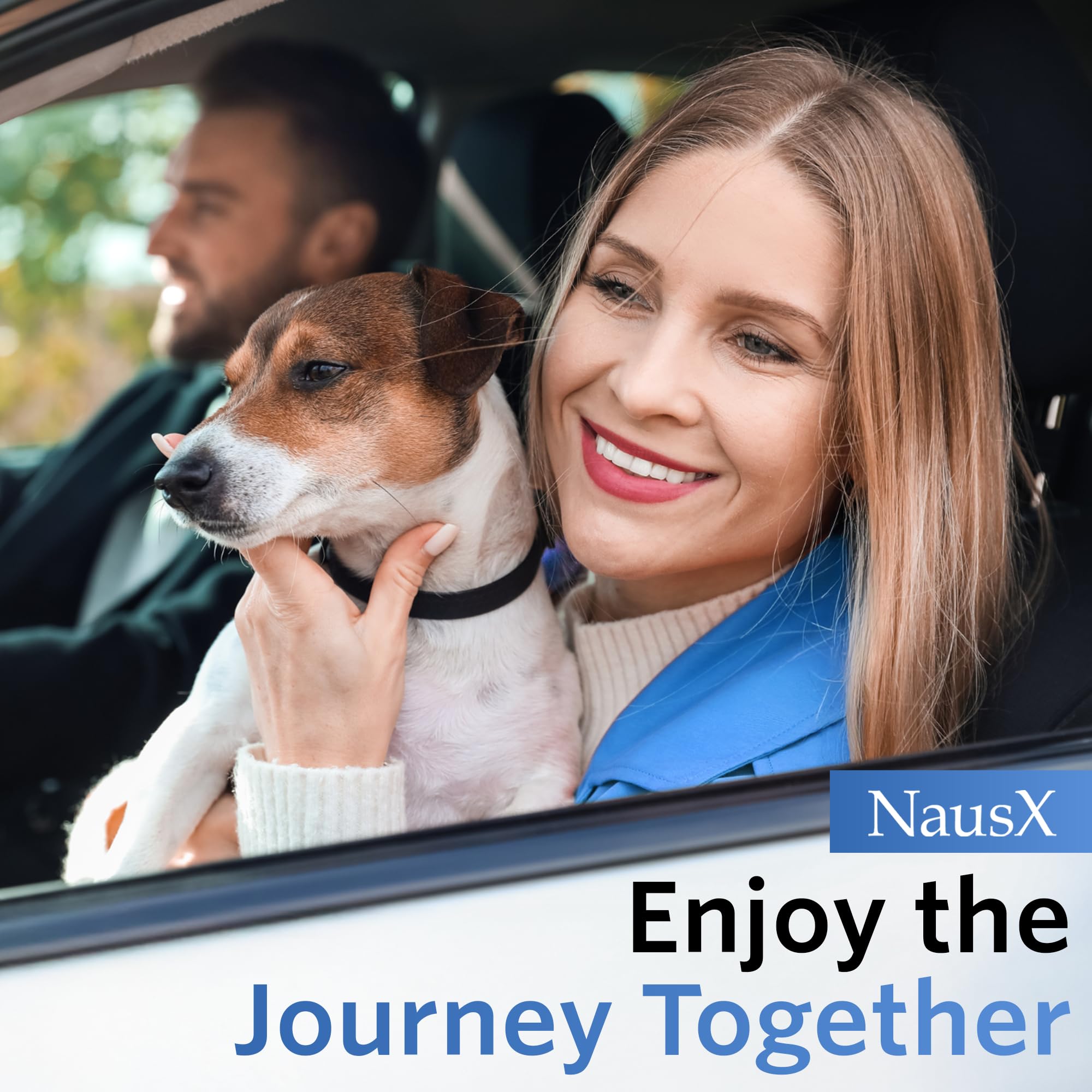 Dog-friendly NausX Anti-Motion tablets during a car ride