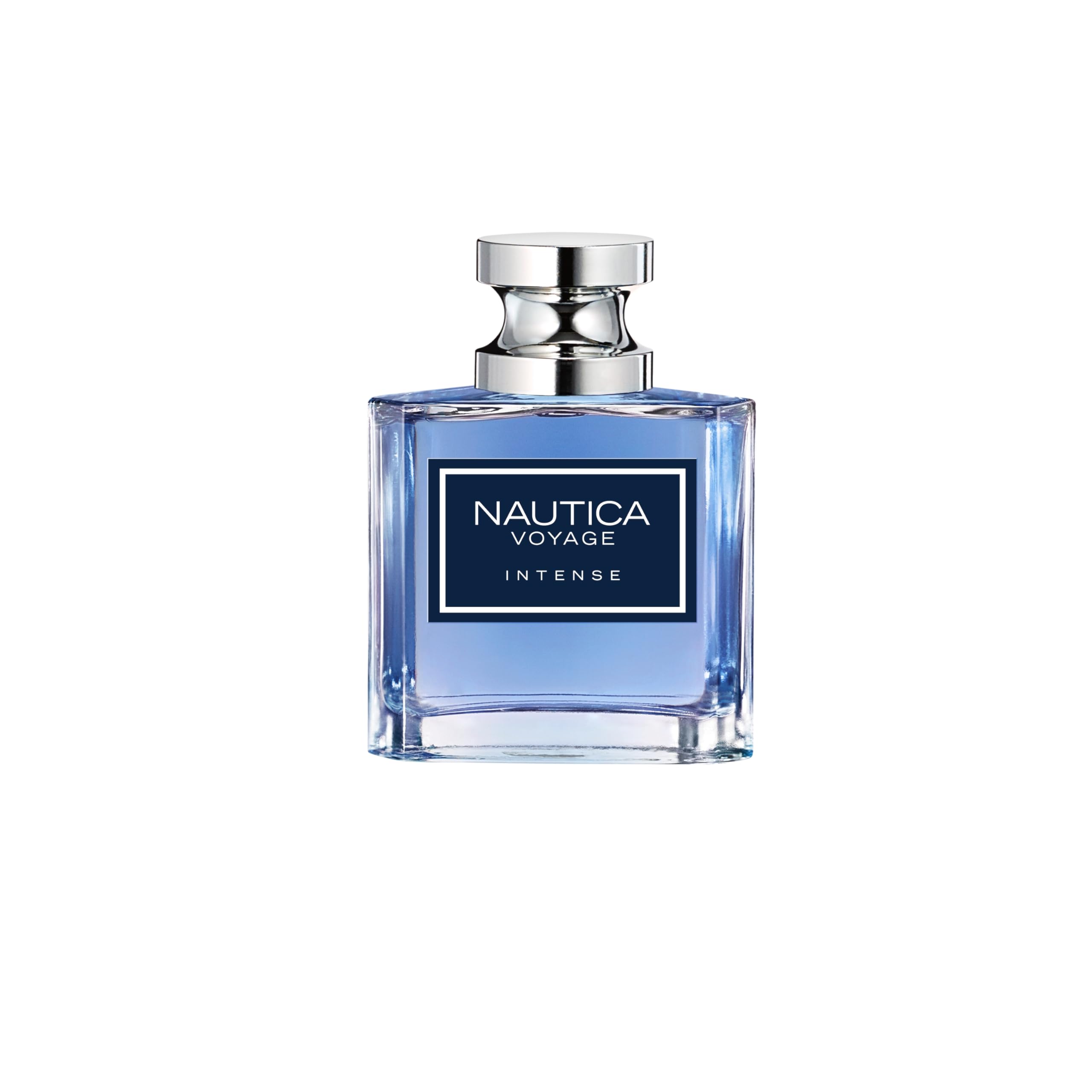 Nautica Voyage Intense bottle close-up highlighting vetiver top note for everyday freshness.