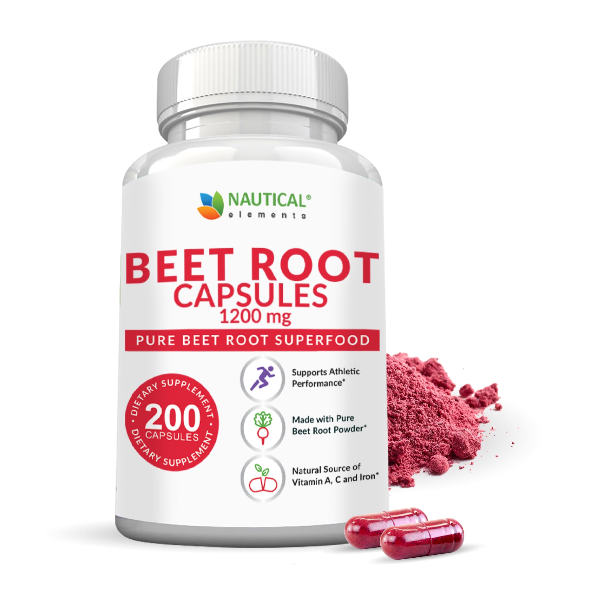 Nautical Elements Beet Root Capsules bottle closeup showing 1200mg serving for daily vitality