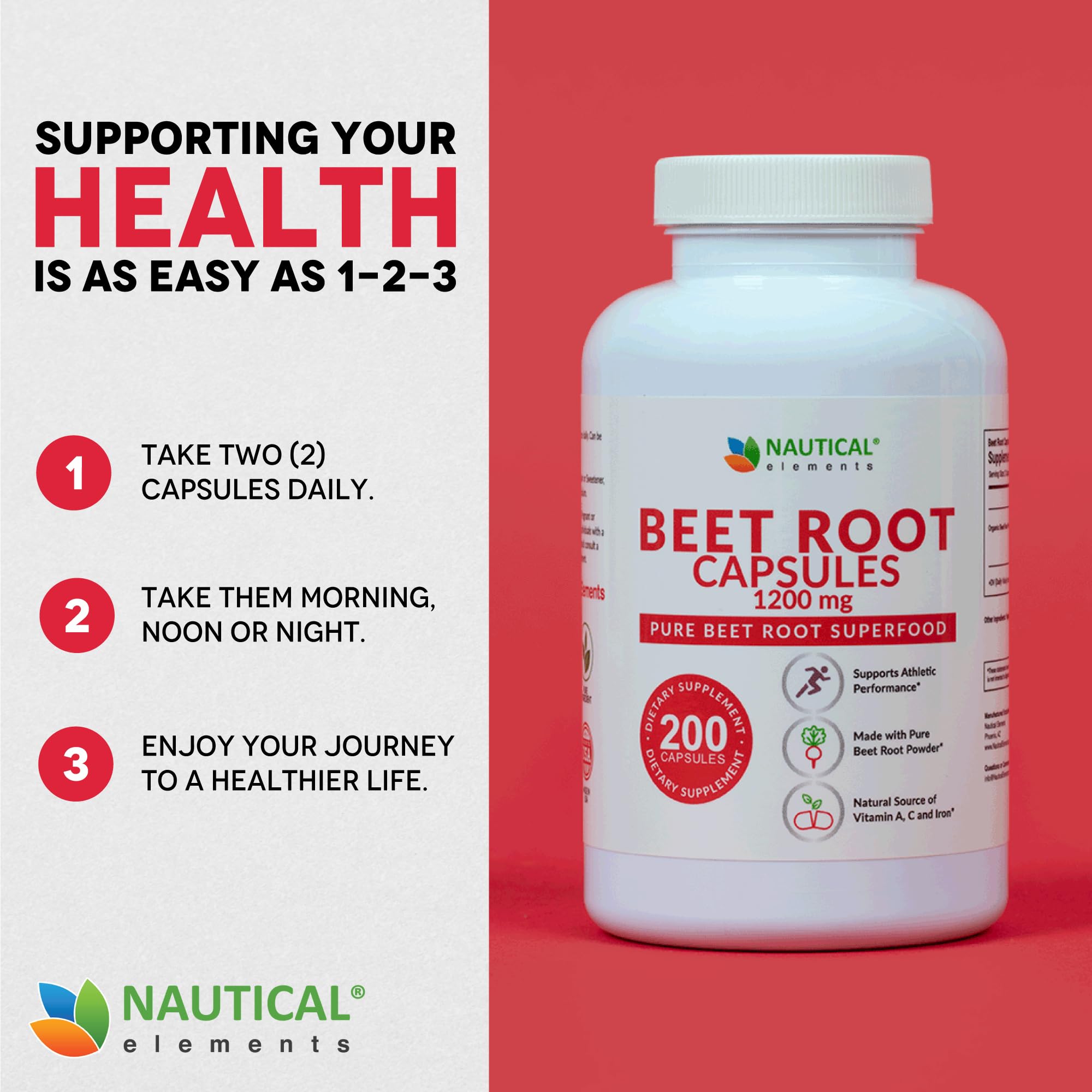 USA-made Nautical Elements Beet Root Capsules with GMP badge for trusted production