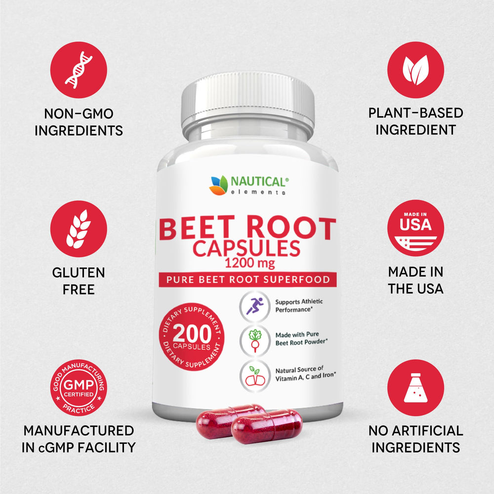 Pack shot of Nautical Elements Beet Root Powder Capsules with pure odorless beet powder