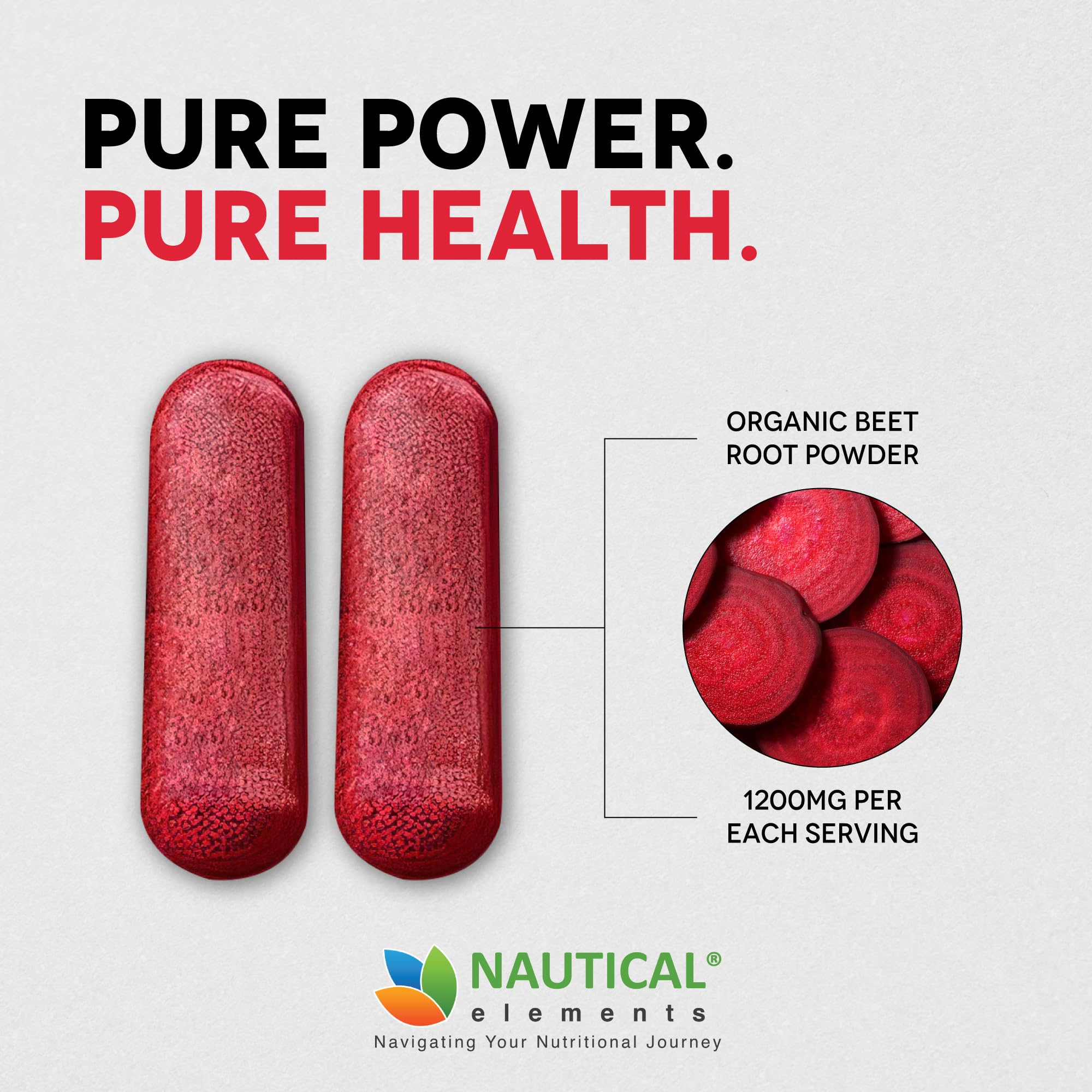 Ingredient jar of Nautical Elements Beet Root Powder Capsules showing non-GMO gluten-free formula