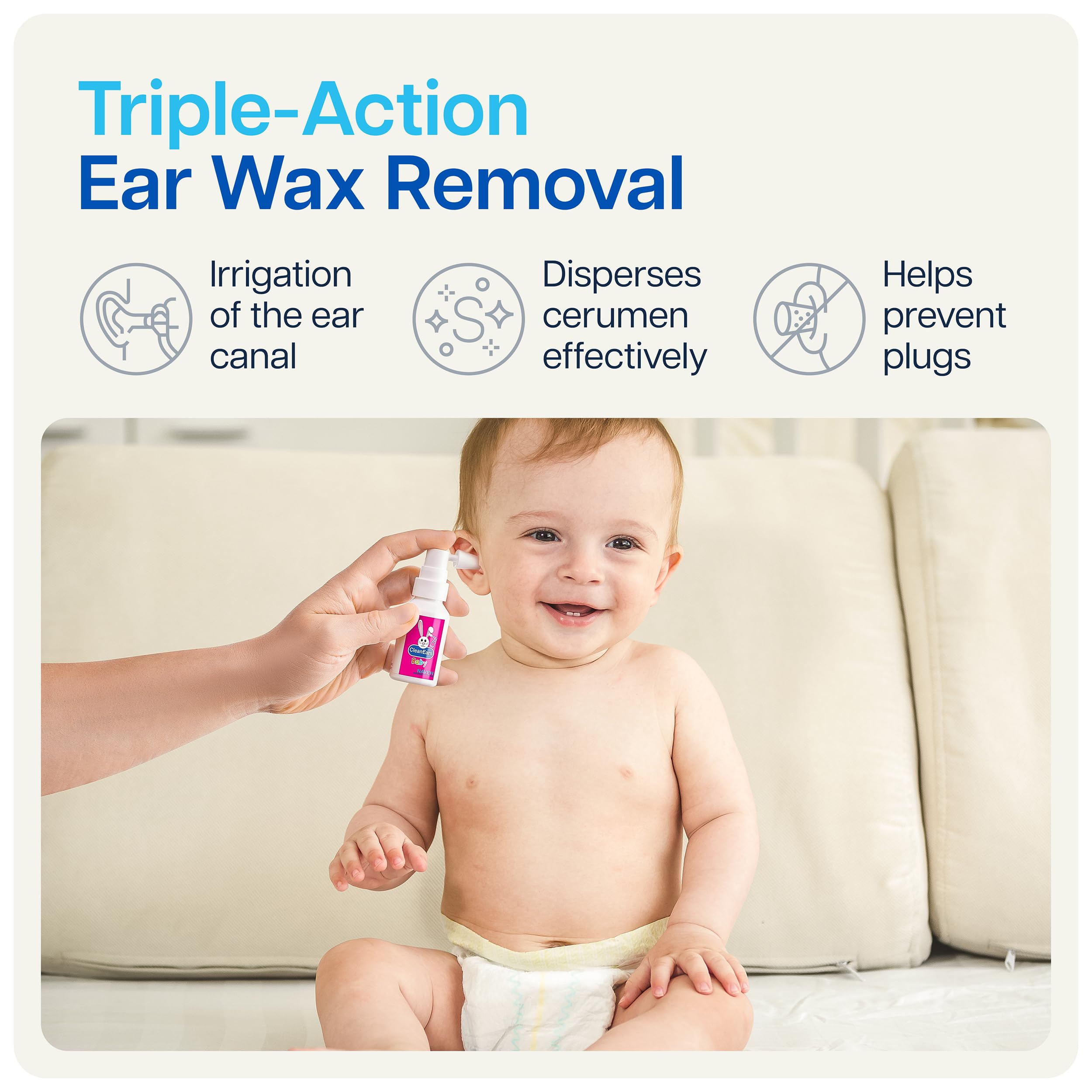 Dispensing action of CleanEars Baby showing controlled spray