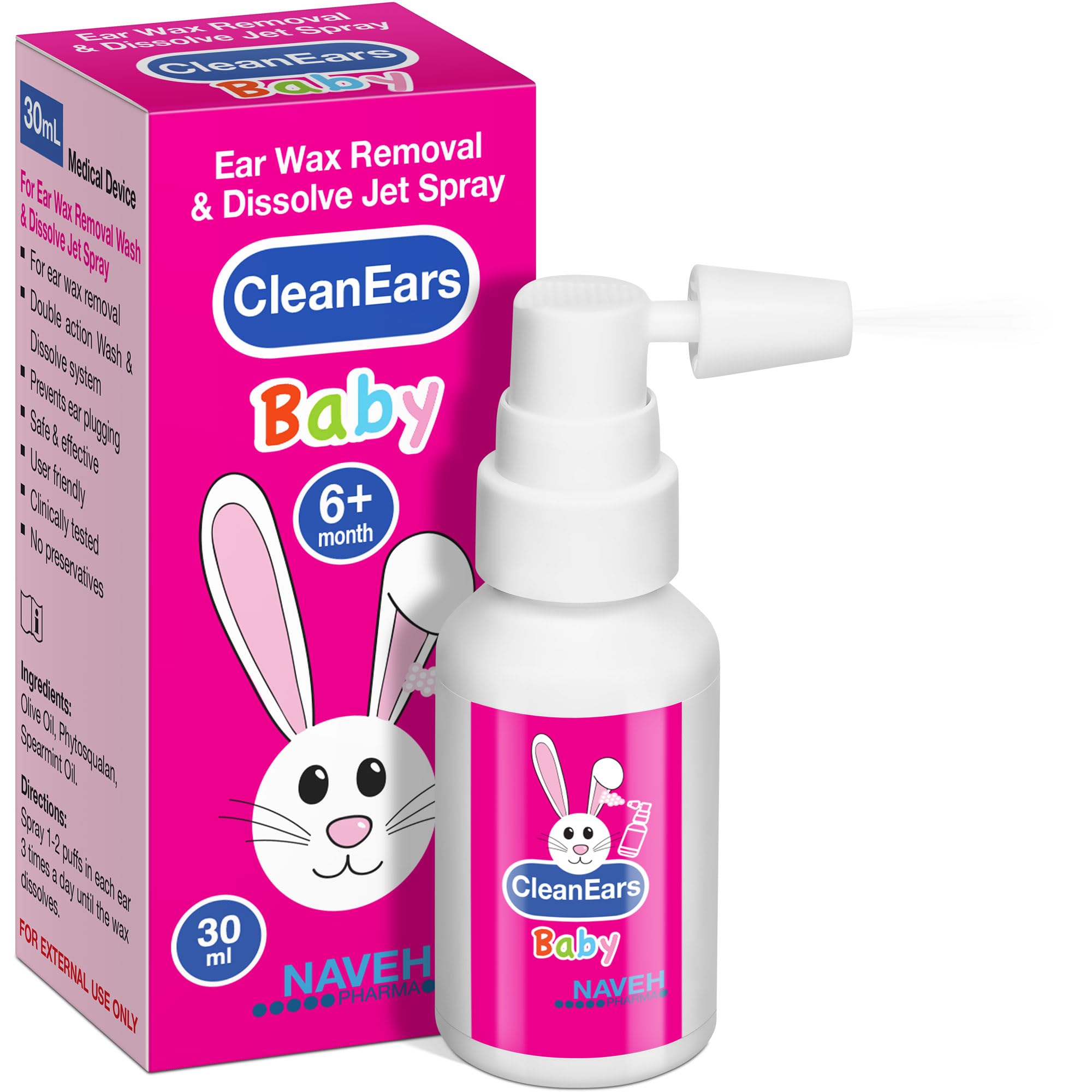 CleanEars Baby spray bottle by NAVEH PHARMA for fast ear wax removal