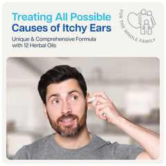 NAVEH PHARMA Itchy Ears Remedy bottle closeup shows natural ingredients for soothing relief.