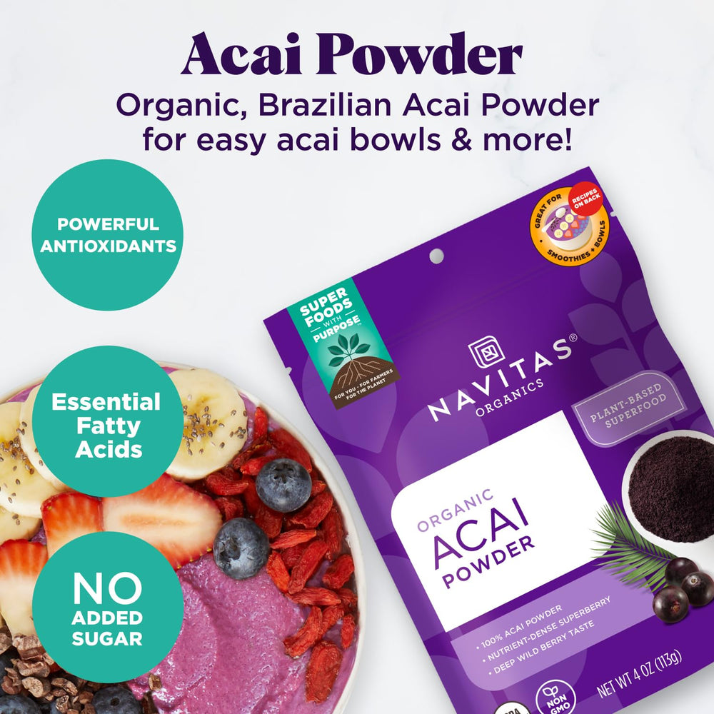Navitas Organics Acai Powder bag-scene—pour-ready powder for smoothies and bowls.