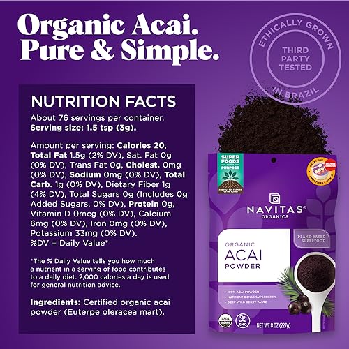 Navitas Organics Acai Powder nutrition panel—gluten-free and non-GMO ingredients.