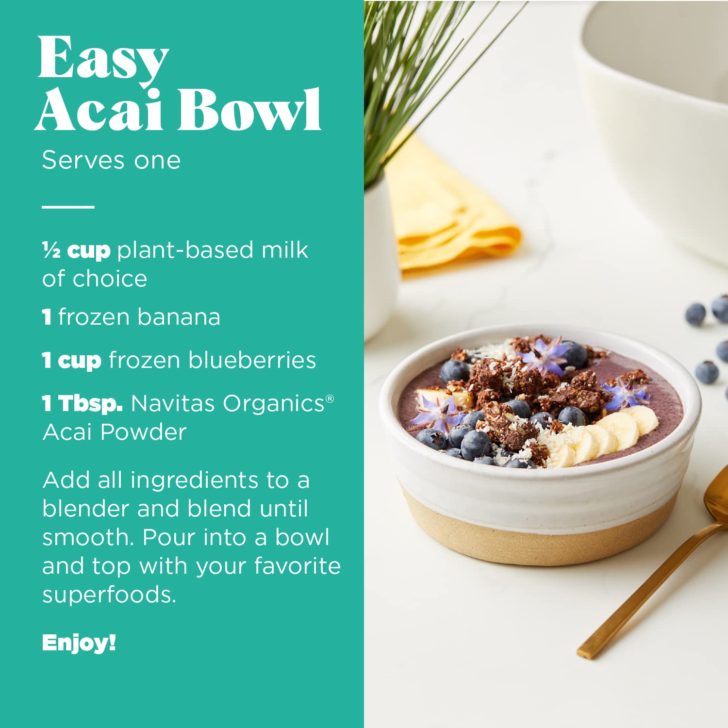 Navitas Organics Acai Powder in a smoothie—berry-chocolate flavor with omega fats.
