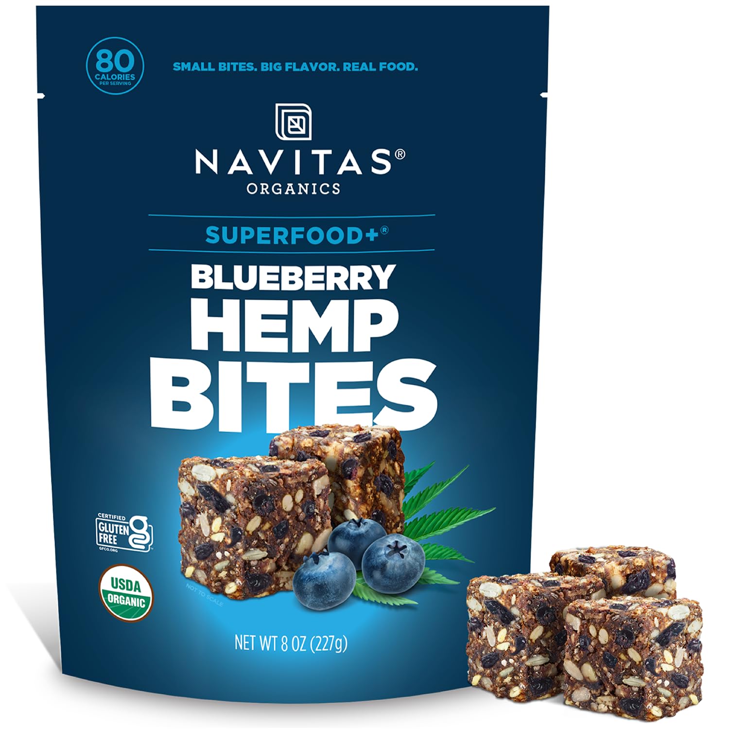 Navitas Organics Blueberry Hemp Power Snacks bag for on-the-go energy.