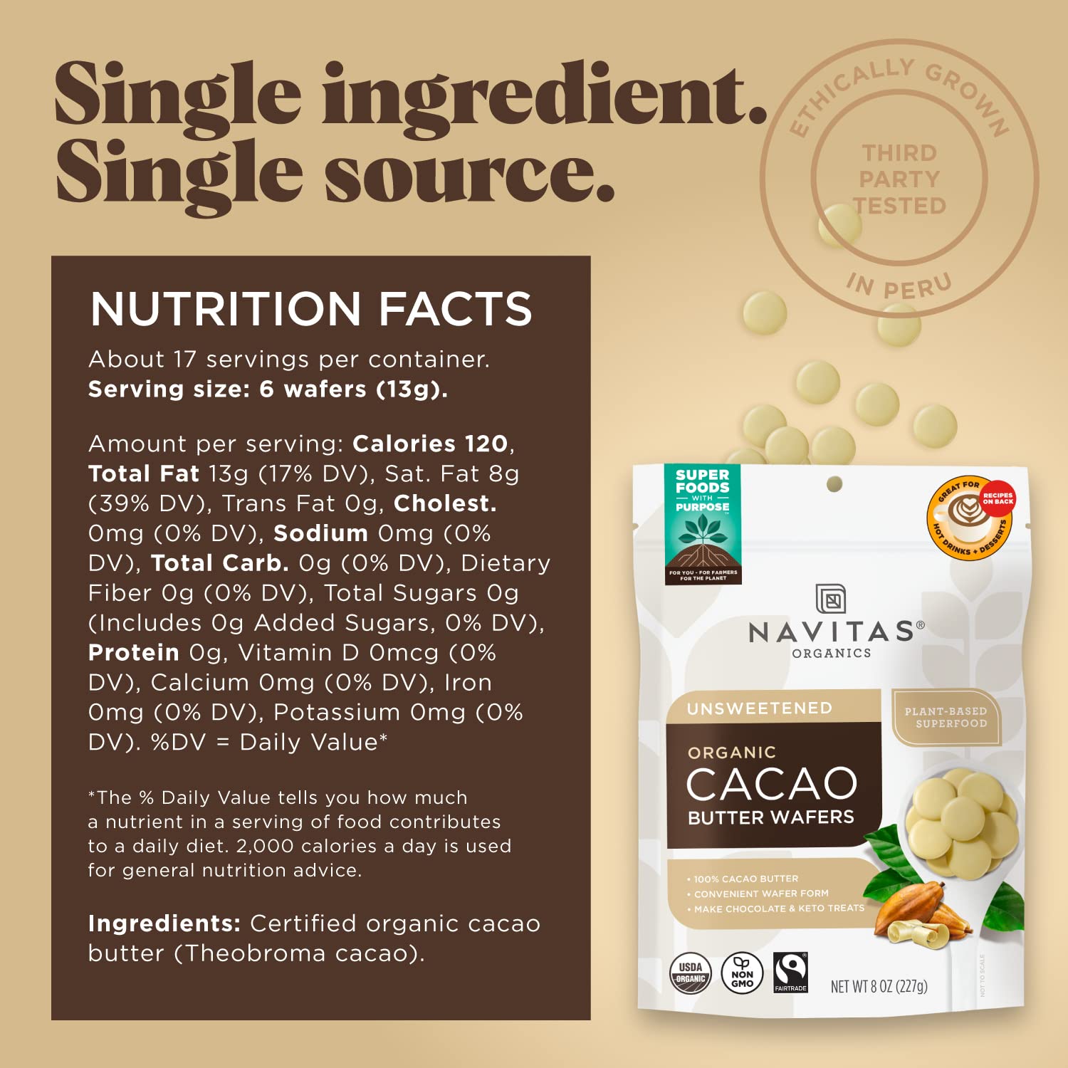 Navitas Organics cacao butter wafers close-up reveals silky texture for rich desserts.