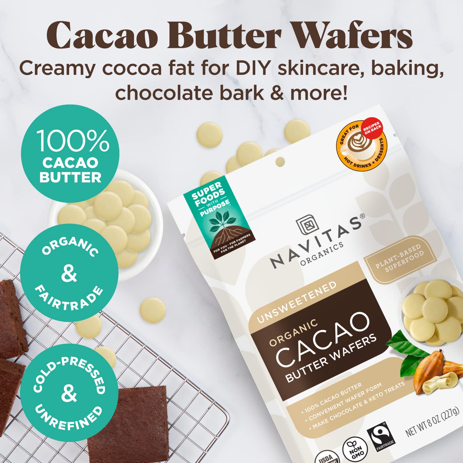 Navitas Organics cacao butter wafers melted into hot cocoa for creamy drinks.