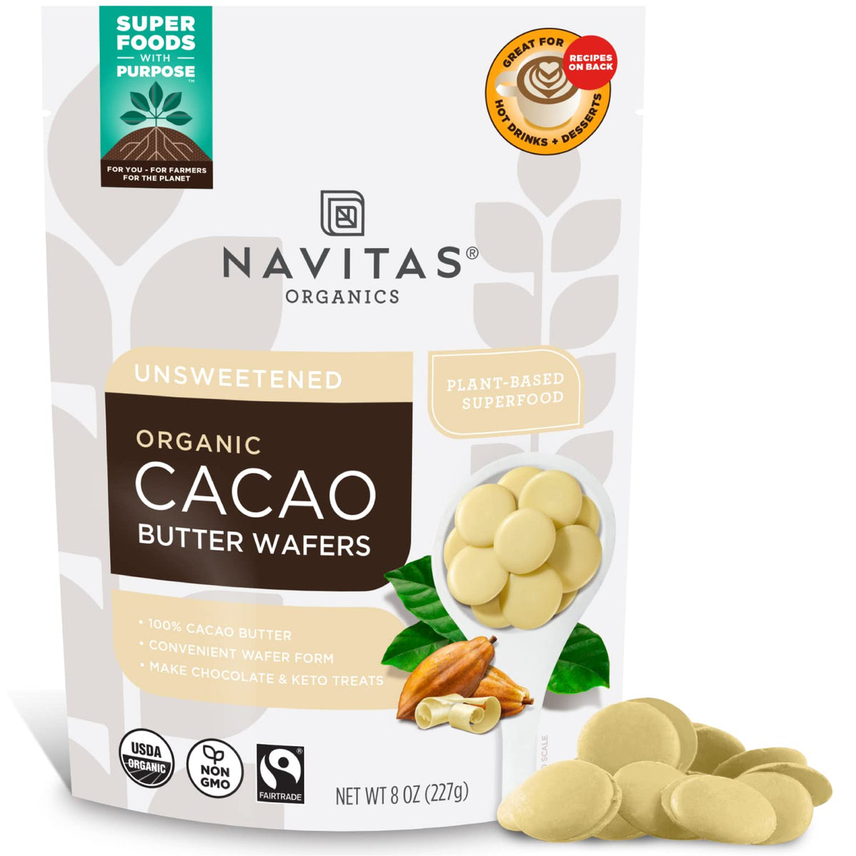 Navitas Organics Cacao Butter Wafers packaging front shows premium organic cacao butter for baking.
