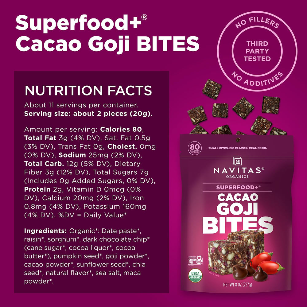 Close up of chewy bites with cacao and goji for a plant based snack
