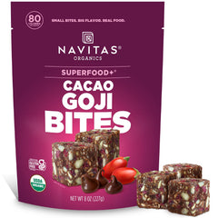 Navitas Organics Cacao Goji BITES packaging front for on the go energy