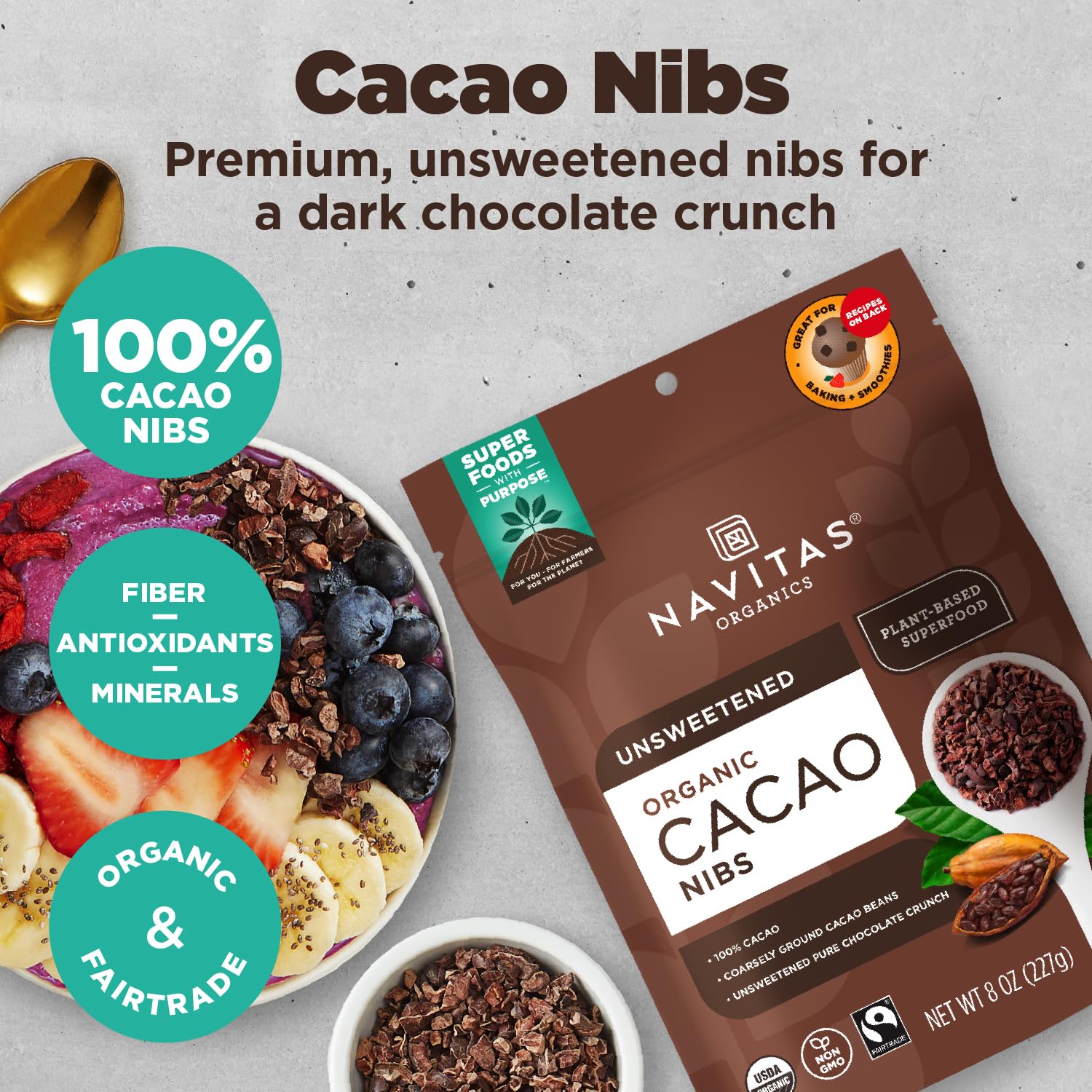Close-up of Navitas Organics cacao nibs highlighting crunchy texture for cooking
