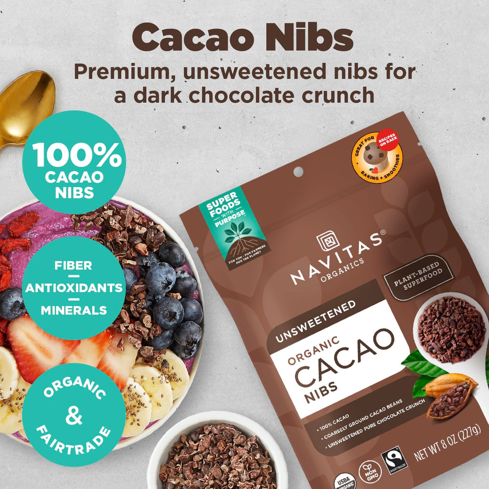 Close-up of Navitas Organics cacao nibs highlighting crunchy texture for cooking