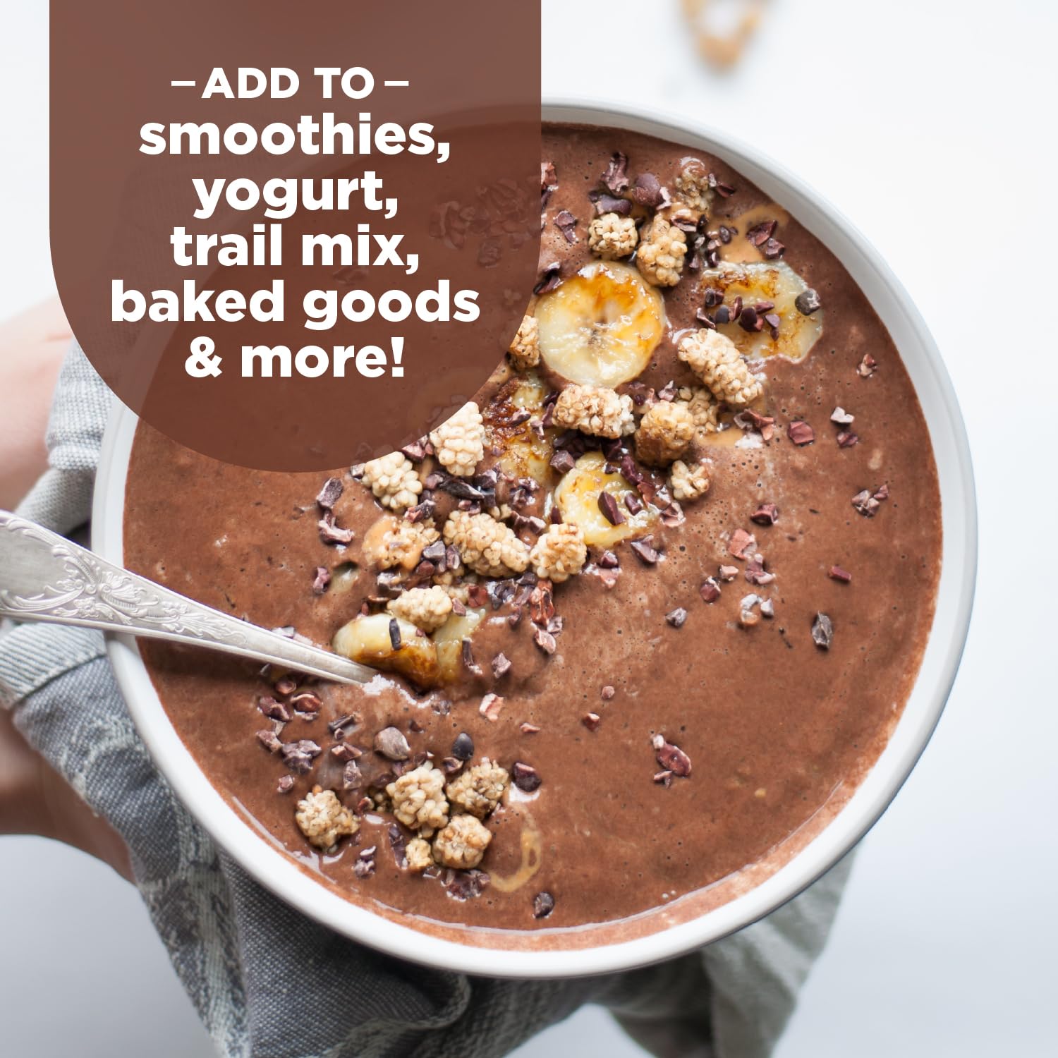Navitas Organics cacao nibs on oatmeal to boost taste and fiber