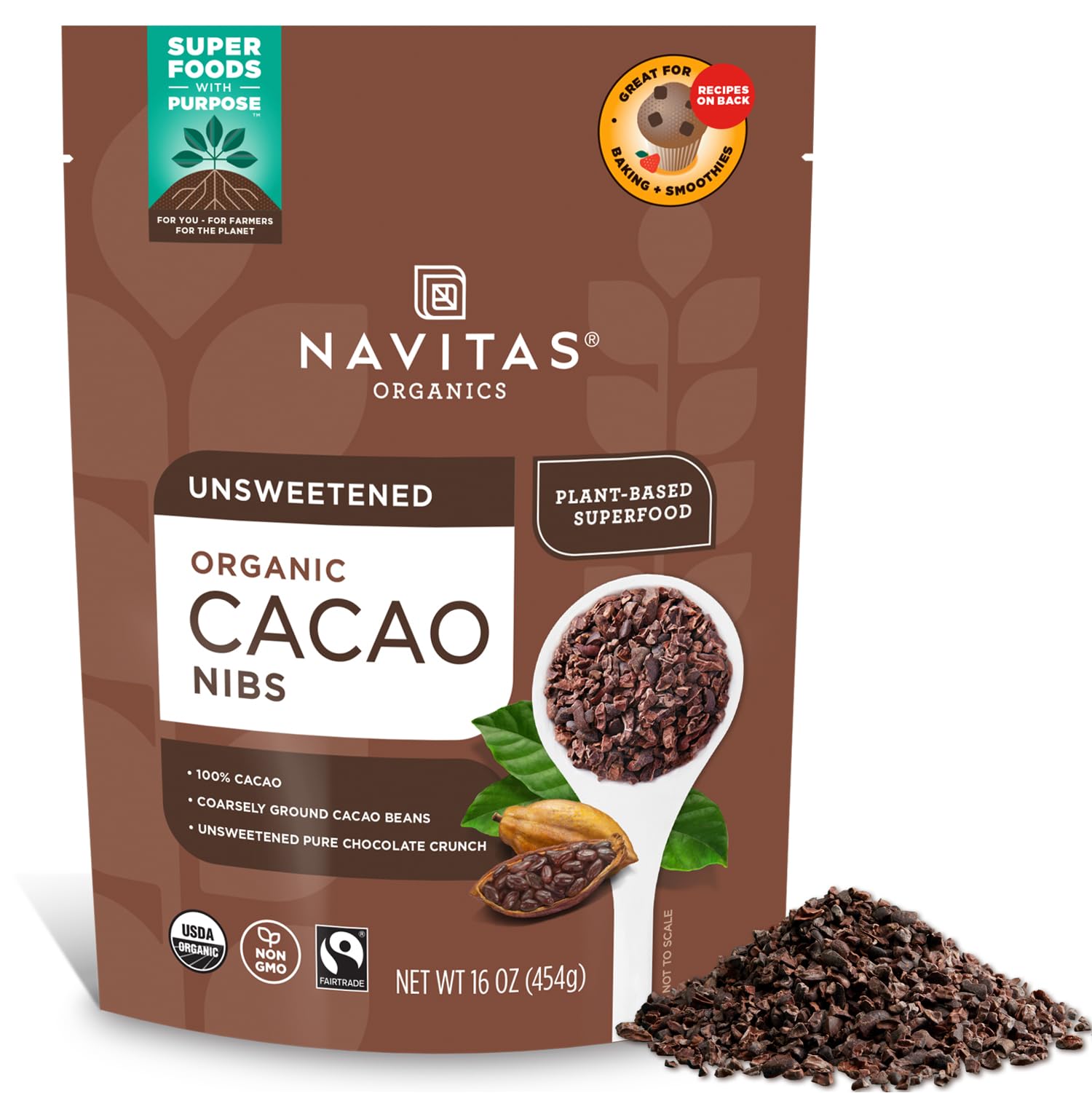 Navitas Organics cacao nibs unsweetened bag showing rich chocolate crunch for snacking