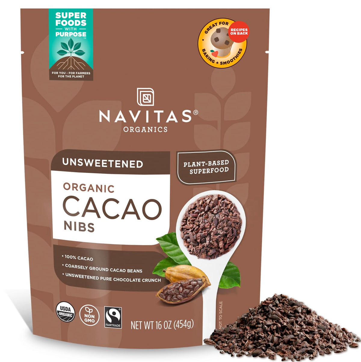 Navitas Organics cacao nibs unsweetened bag showing rich chocolate crunch for snacking