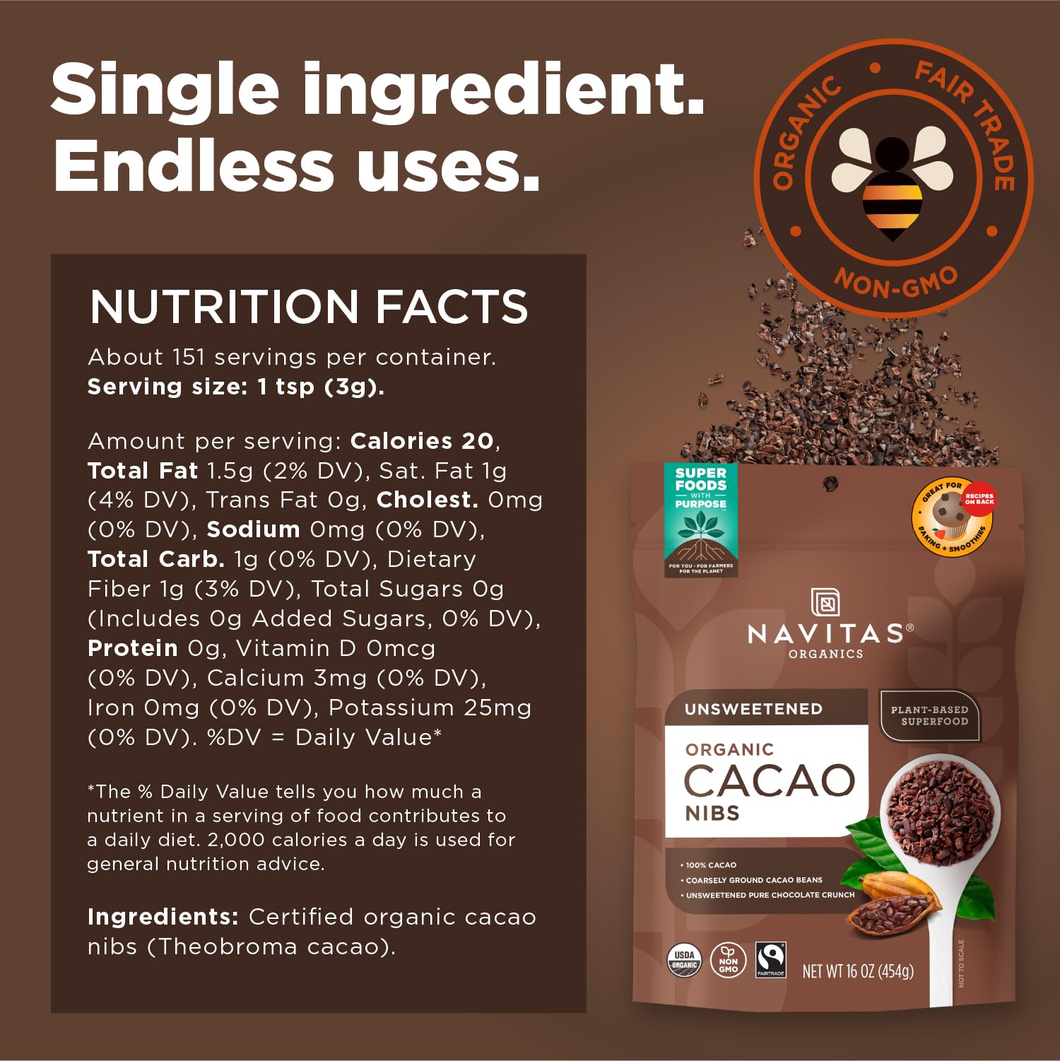 Navitas Organics cacao nibs sprinkled on yogurt for a flavorful topping