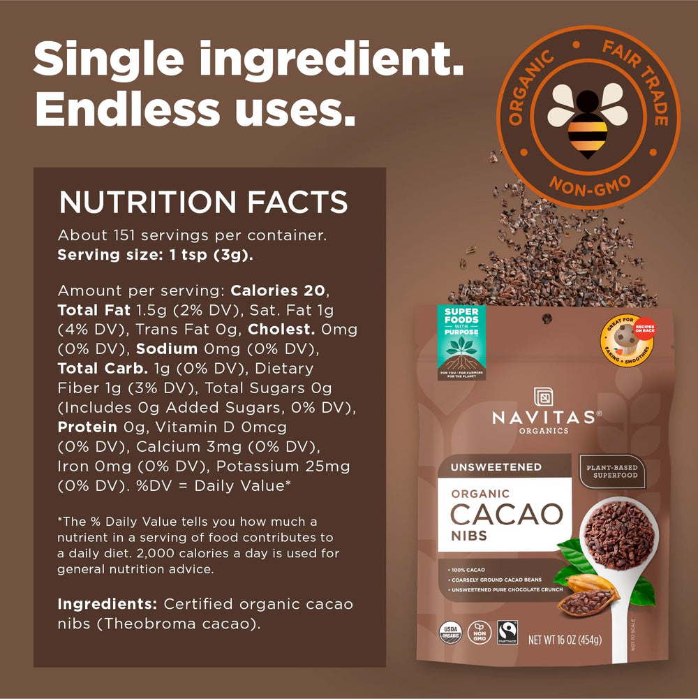 Navitas Organics cacao nibs sprinkled on yogurt for a flavorful topping