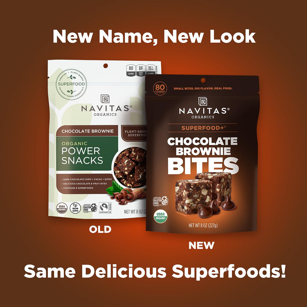 Navitas Organics Chocolate Brownie Bites served with almond milk, a protein-rich snack option