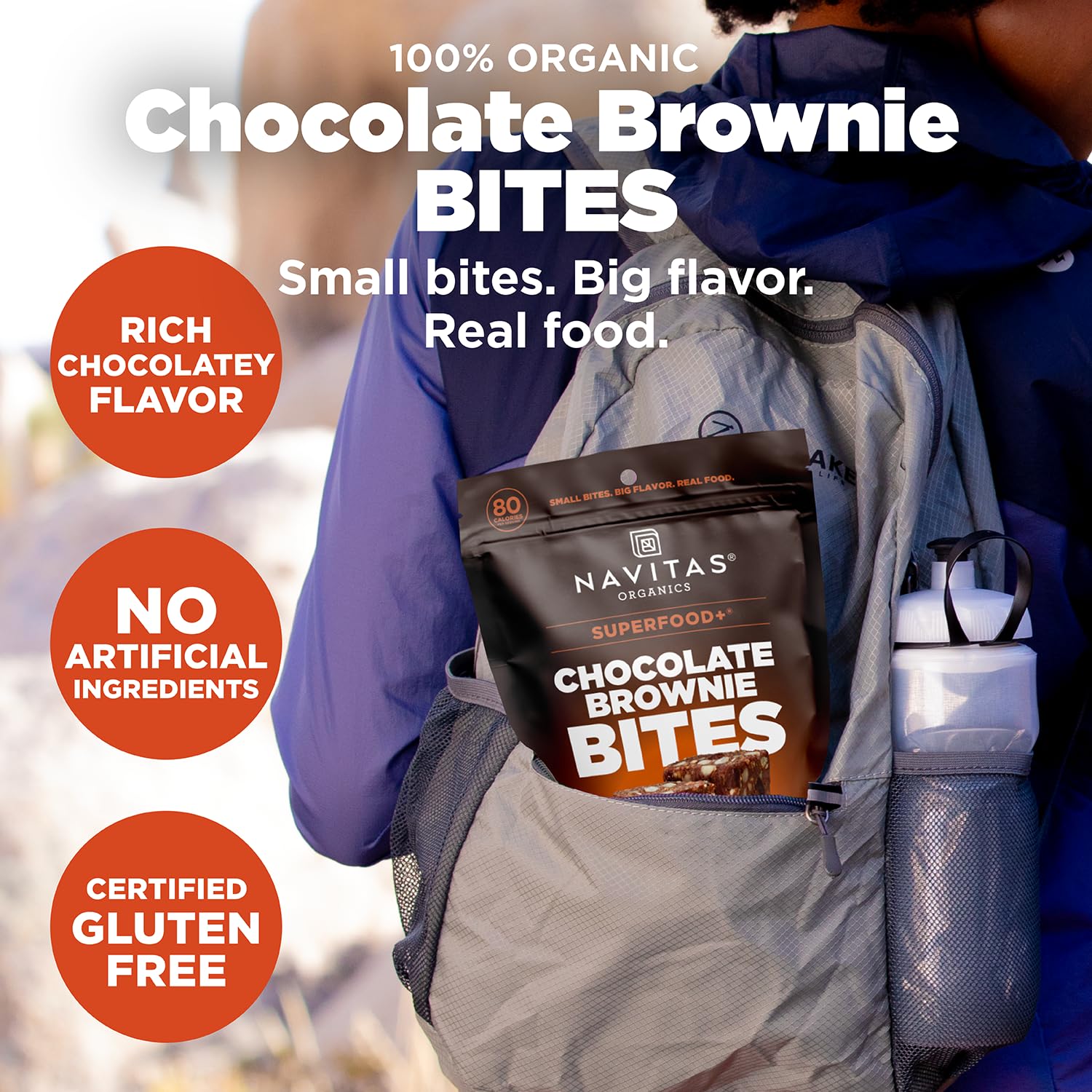 Navitas Organics Chocolate Brownie Bites ingredients close-up showing real-food components