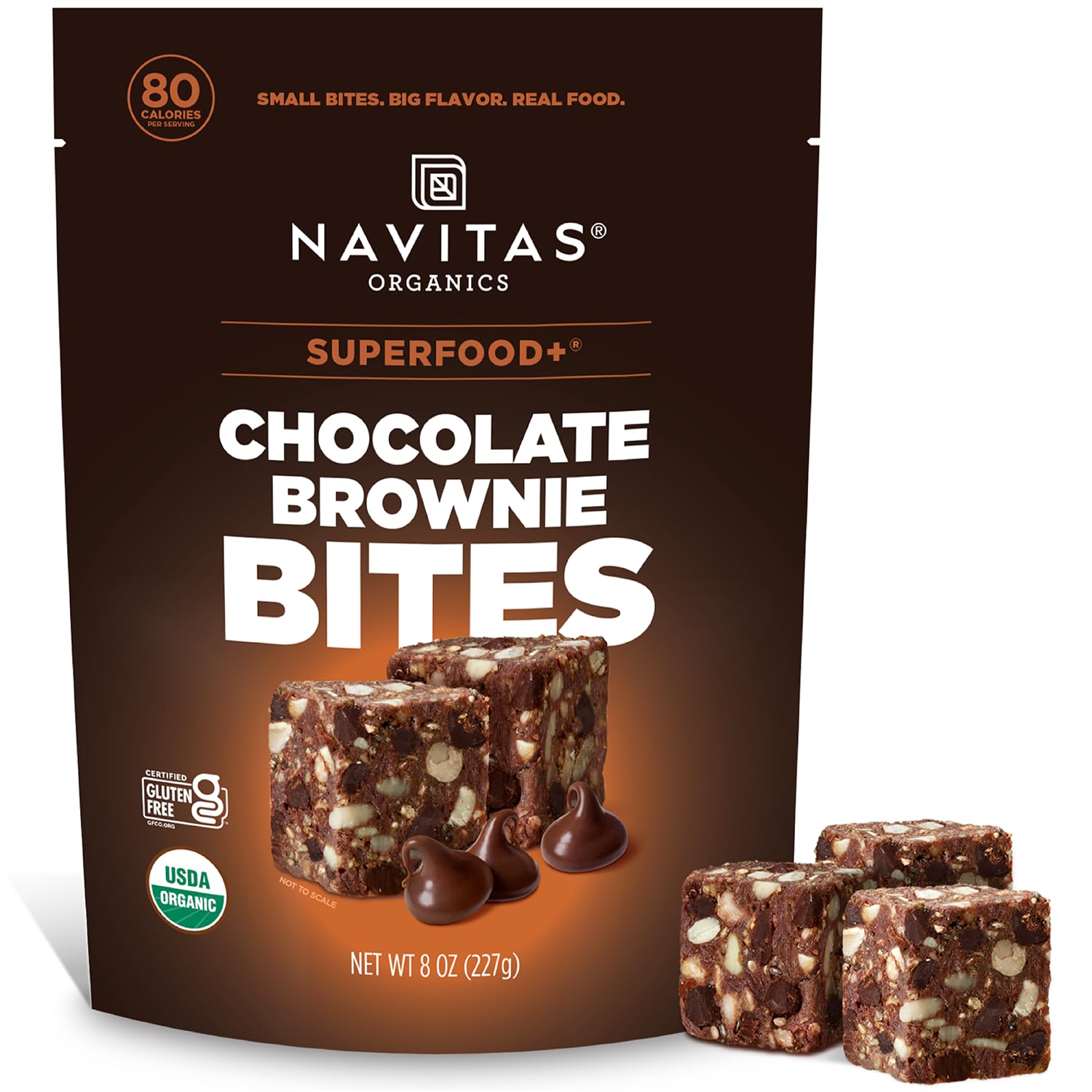Navitas Organics Chocolate Brownie Bites pack shot highlighting on-the-go energy snack