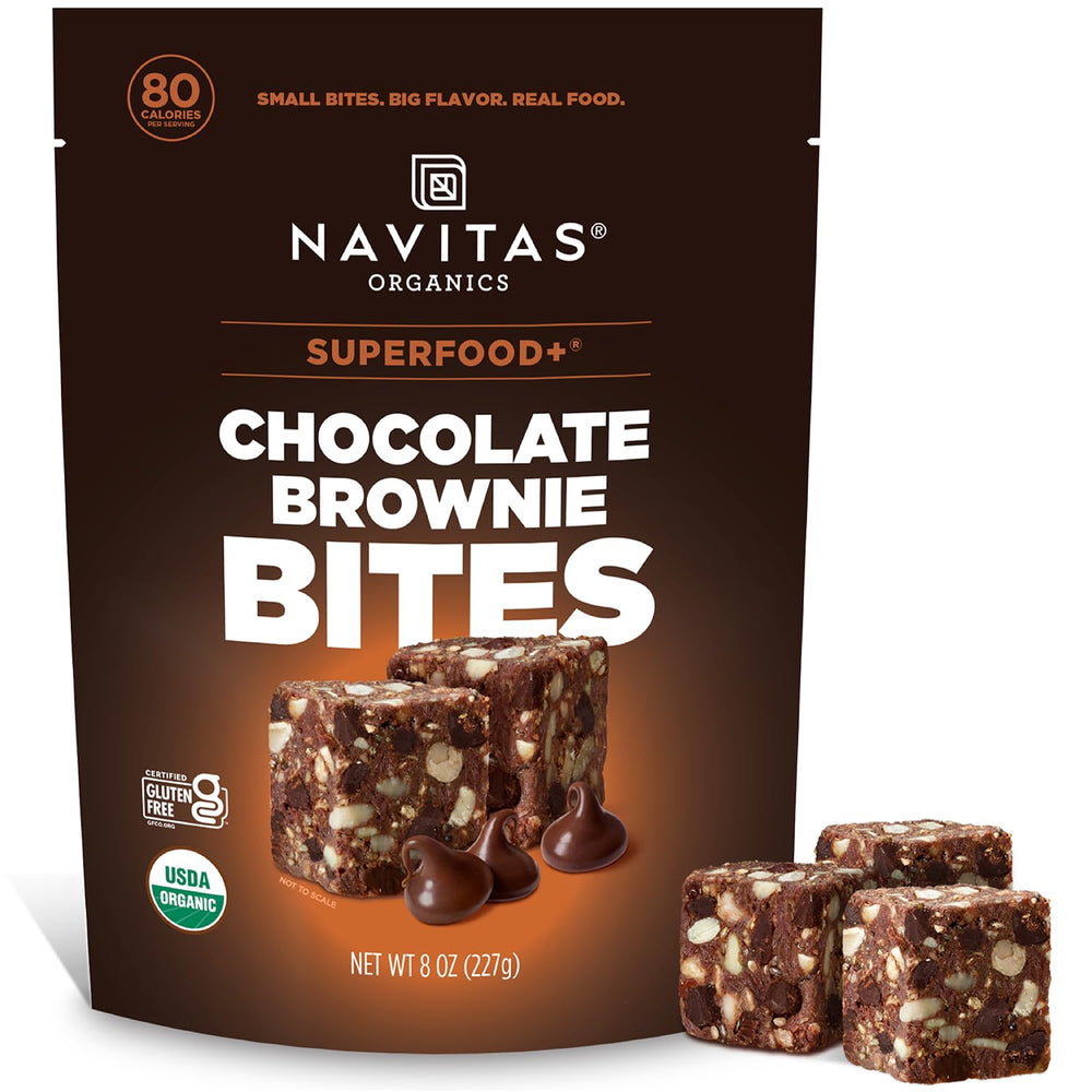 Navitas Organics Chocolate Brownie Bites pack shot highlighting on-the-go energy snack