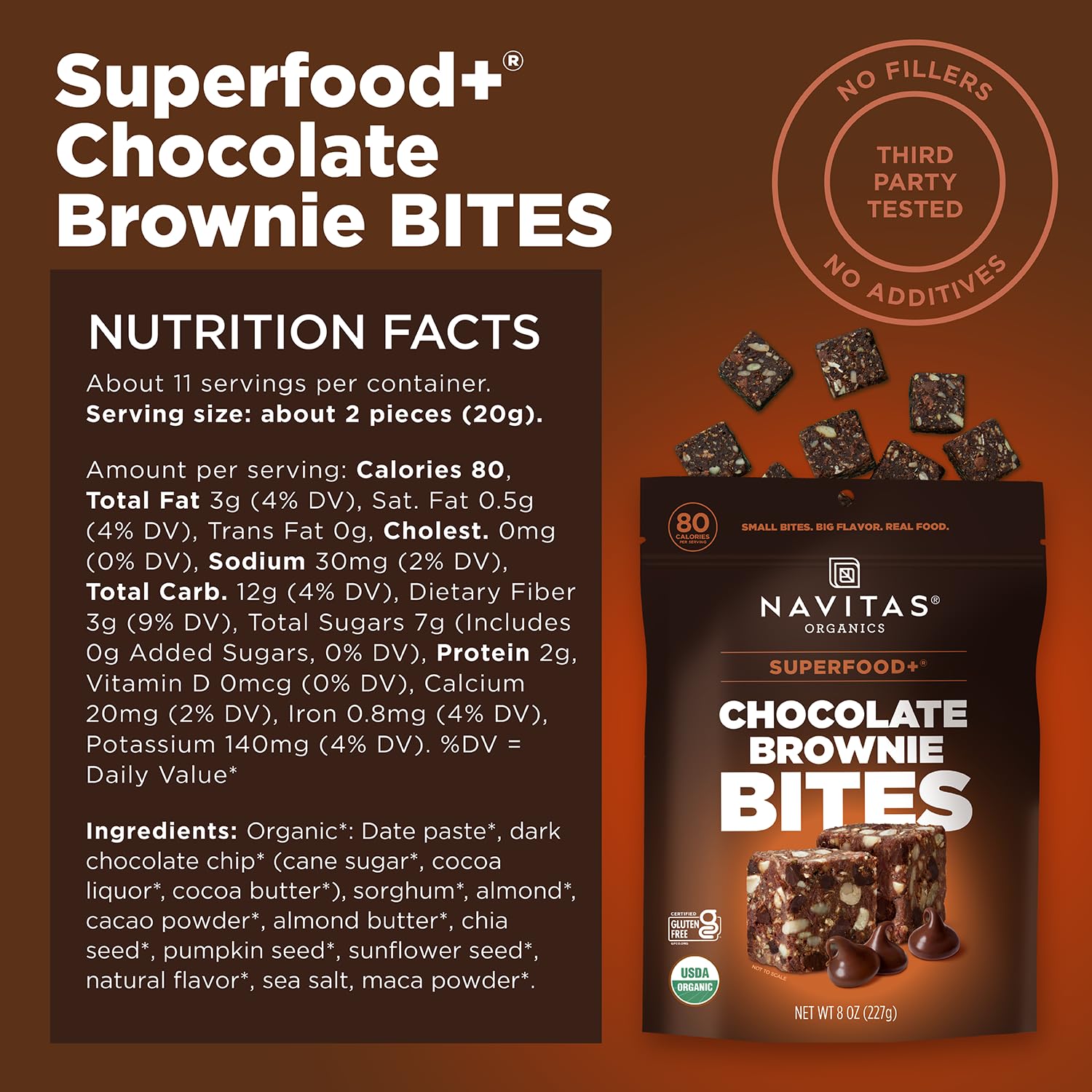 Close-up of chunky-chewy texture with dark chocolate chips in Navitas bites