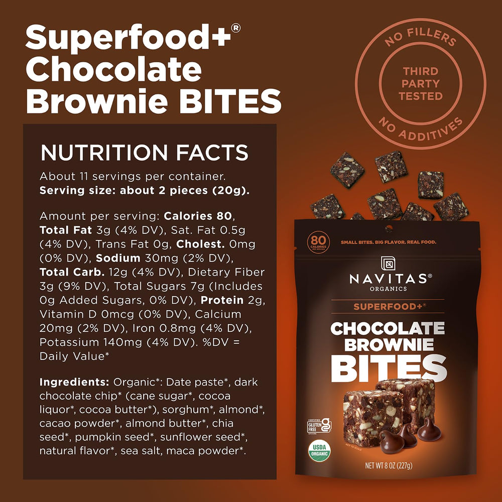 Close-up of chunky-chewy texture with dark chocolate chips in Navitas bites