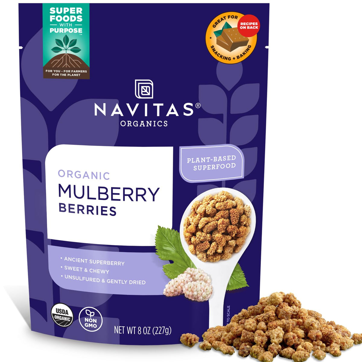 Navitas Organics Mulberries sun-dried in a bag, preserving nutrients for snacking