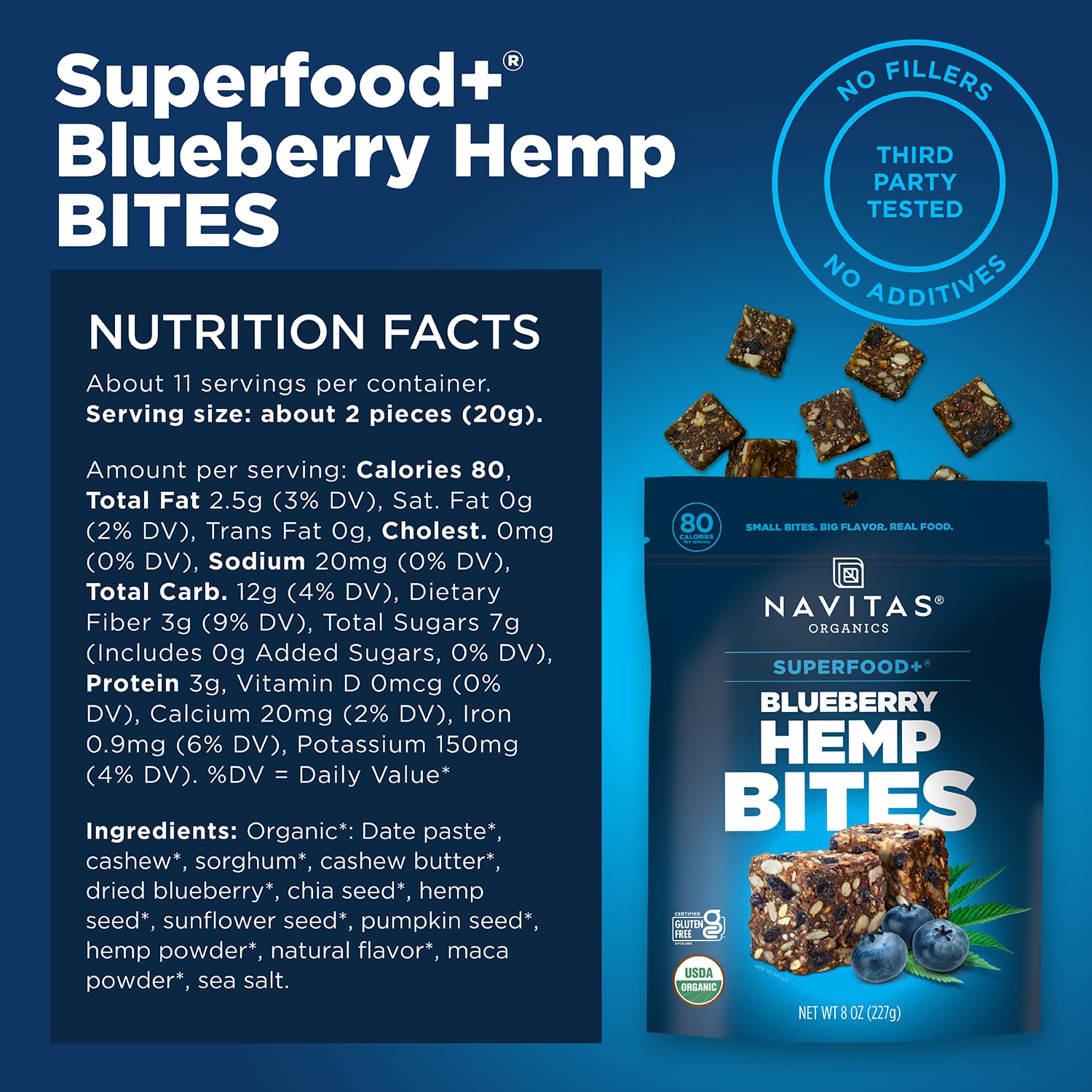 Navitas Organics icons show Organic, Non-GMO, Kosher, Vegan, Gluten-free.