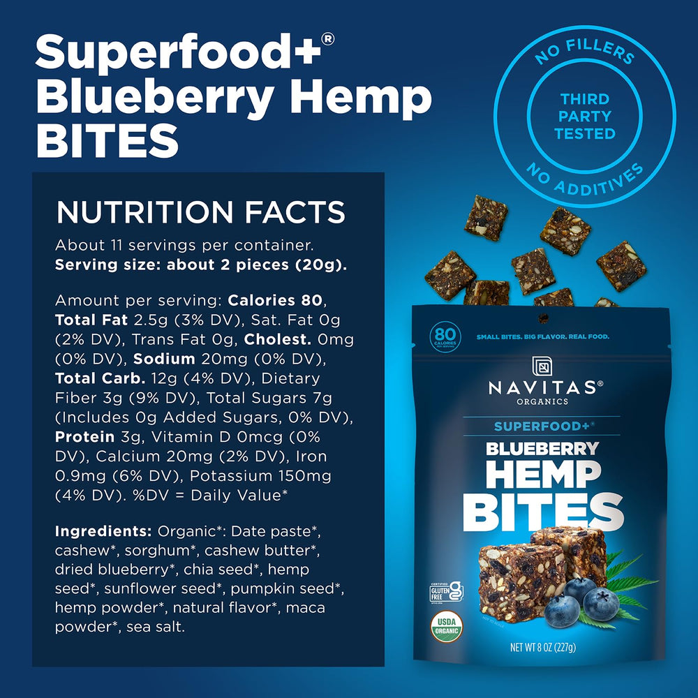 Navitas Organics icons show Organic, Non-GMO, Kosher, Vegan, Gluten-free.