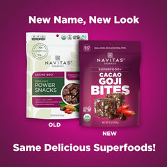 Navitas Organics Power Snacks cacao goji bag nutrition panel highlighting gluten-free and organic