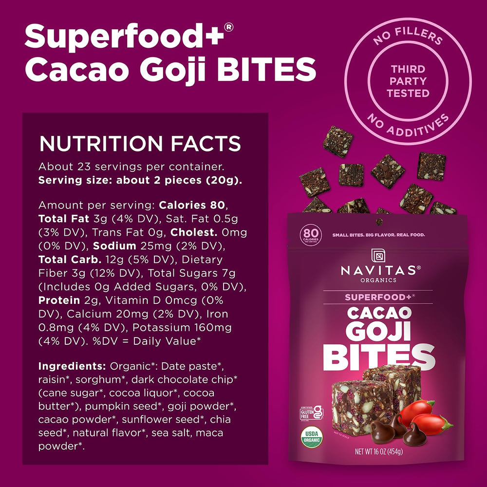 Navitas Organics Power Snacks cacao goji bites closeup with chunky-chewy texture