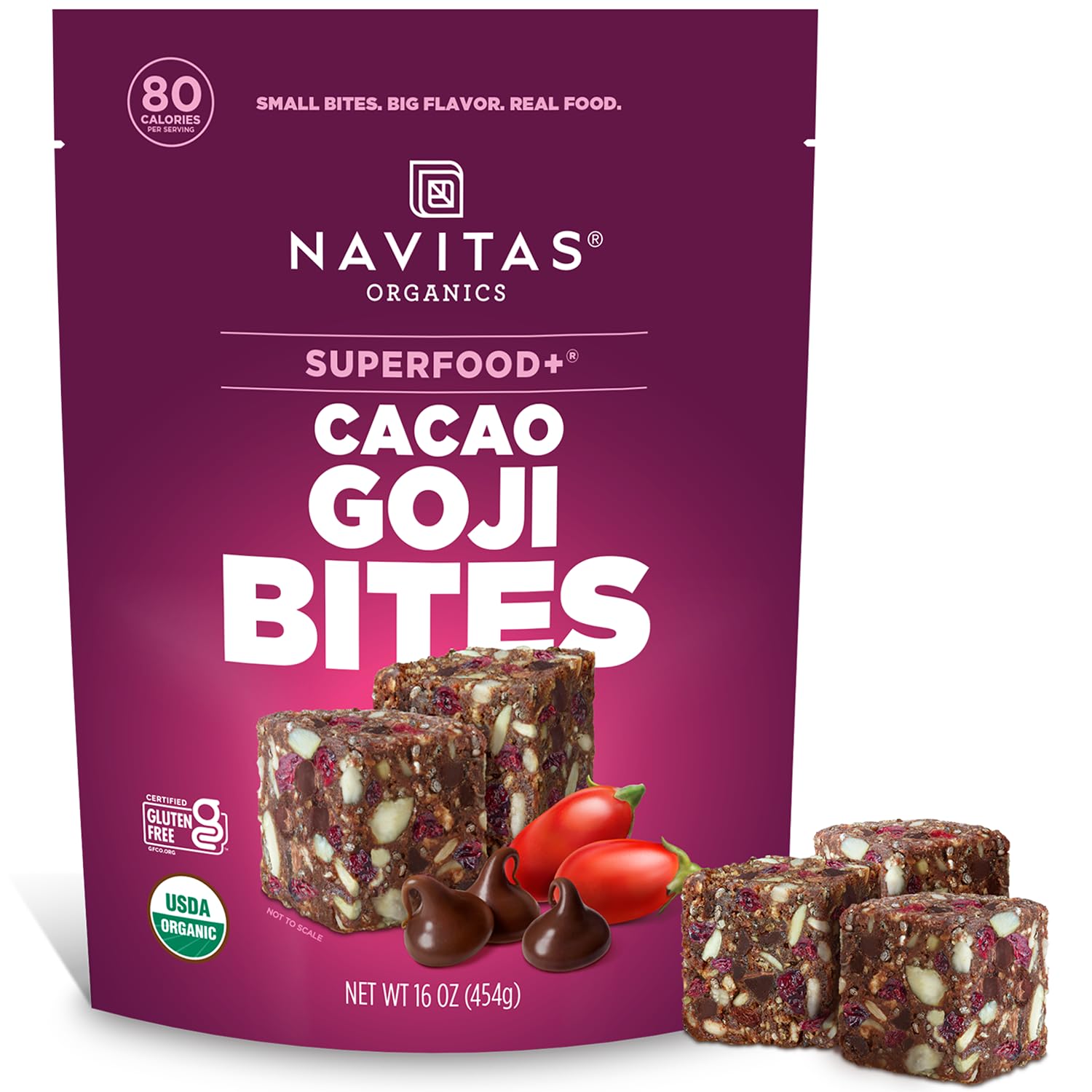 Navitas Organics Power Snacks cacao goji pack front view for on-the-go energy