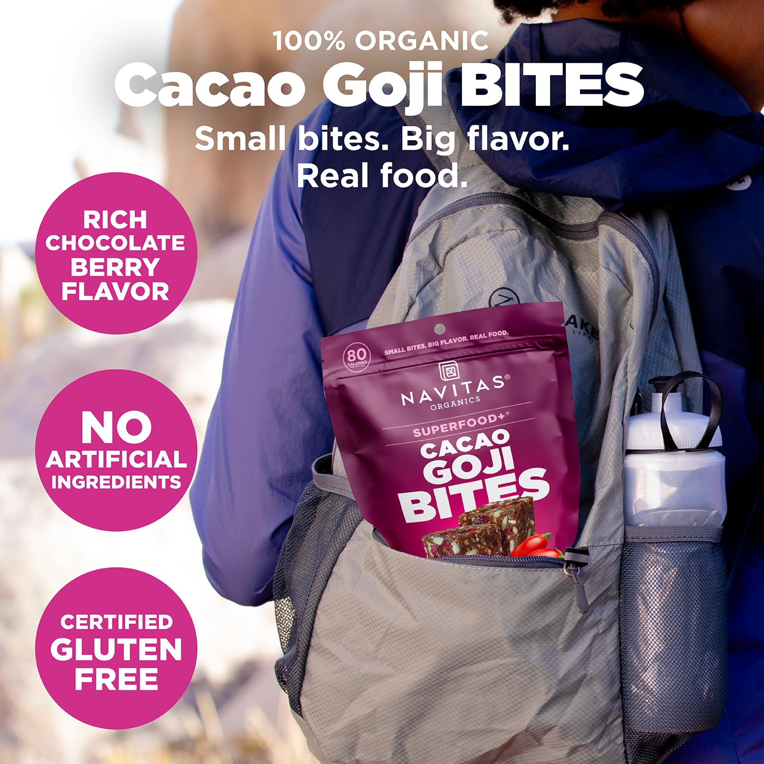 Navitas Organics Power Snacks cacao goji texture image shows rich chocolate and berry flavors