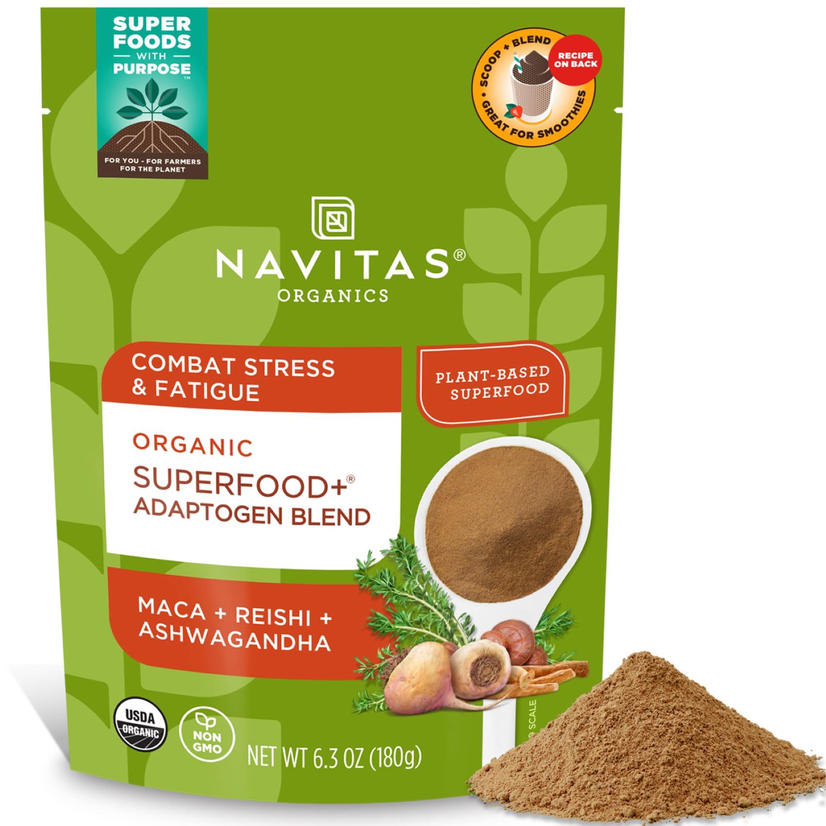 Navitas Organics Superfood+ Adaptogen Blend packaging shown for quick smoothie boosts