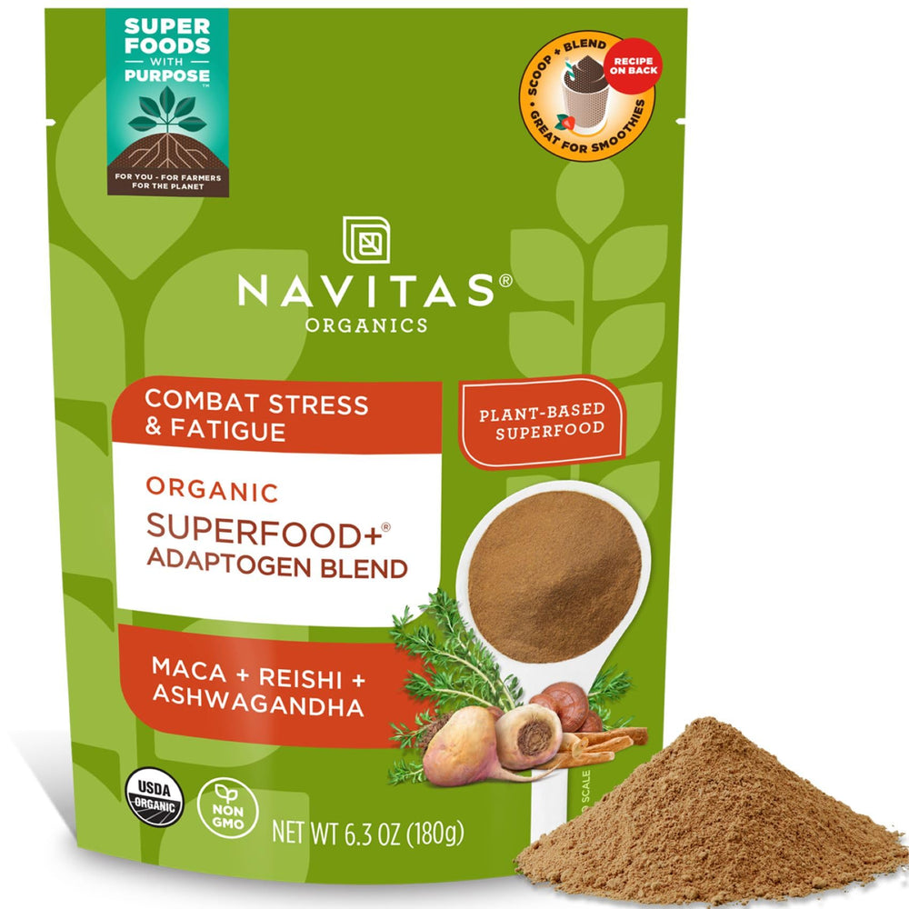 Navitas Organics Superfood+ Adaptogen Blend packaging shown for quick smoothie boosts