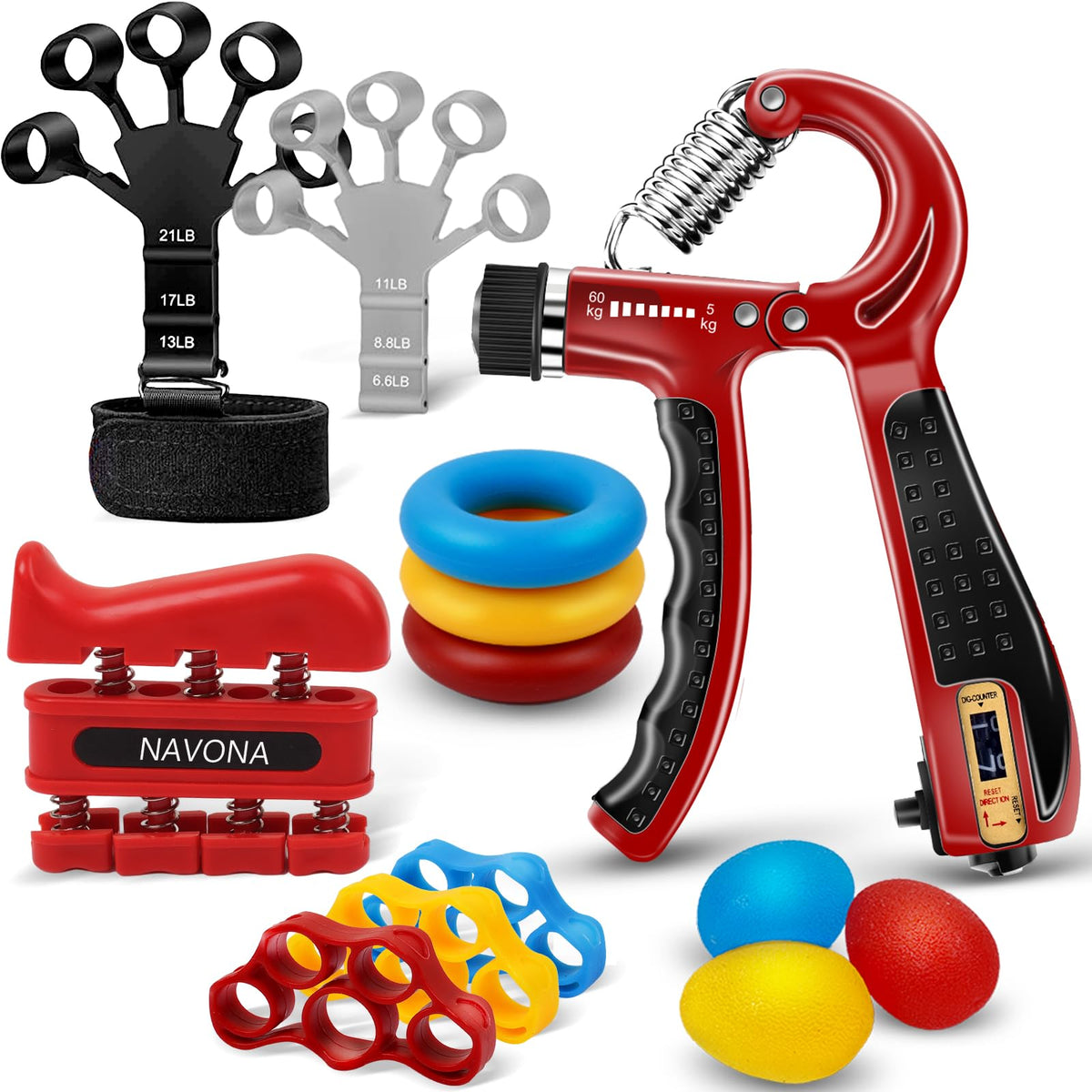 Navona adjustable hand exerciser for progressive grip training at home.