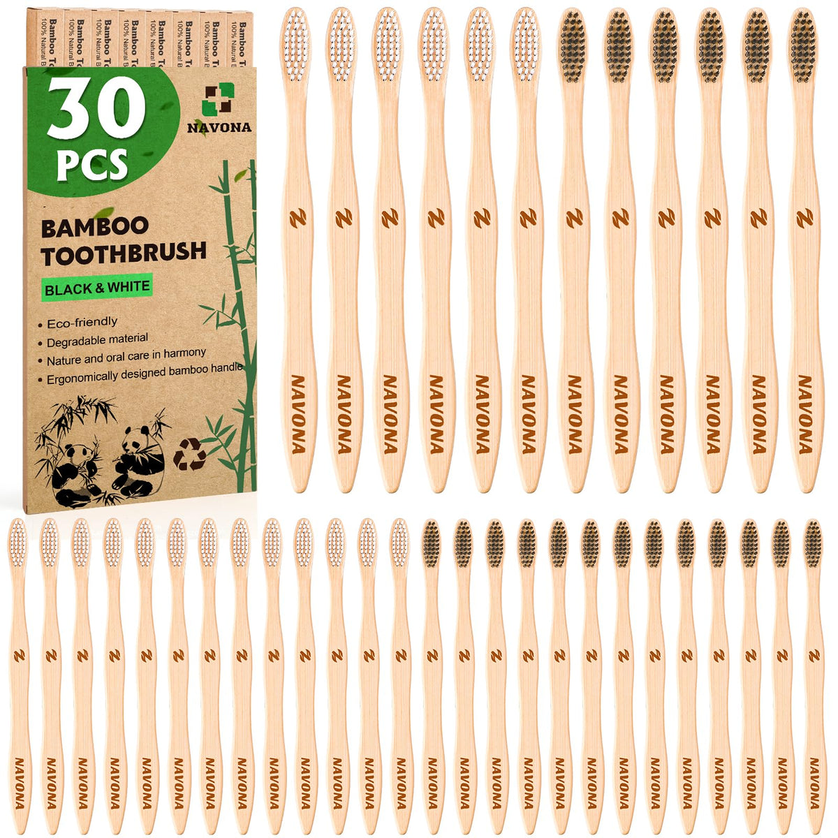 Navona 30pc bamboo toothbrush pack for family use and eco-friendly daily brushing