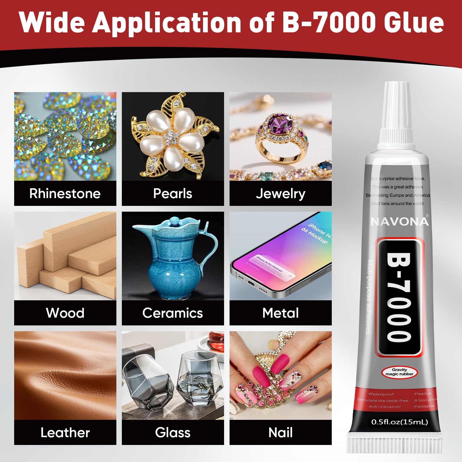 Navona B7000 glue offers up to 900% stretch for flexible bonds.