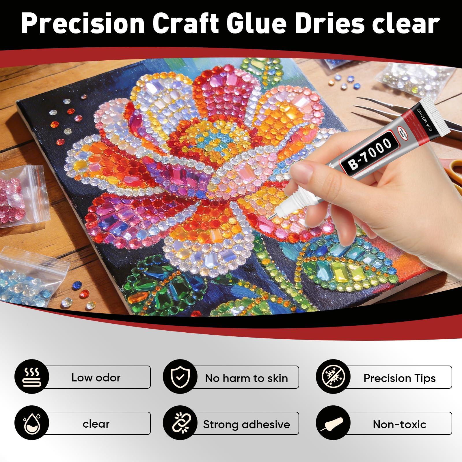 Navona B7000 glue dries crystal clear for seamless repairs and crafts.