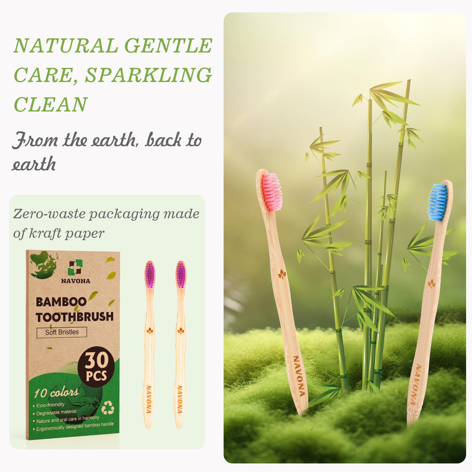 Comfortable grip Navona bamboo toothbrush improves daily brushing