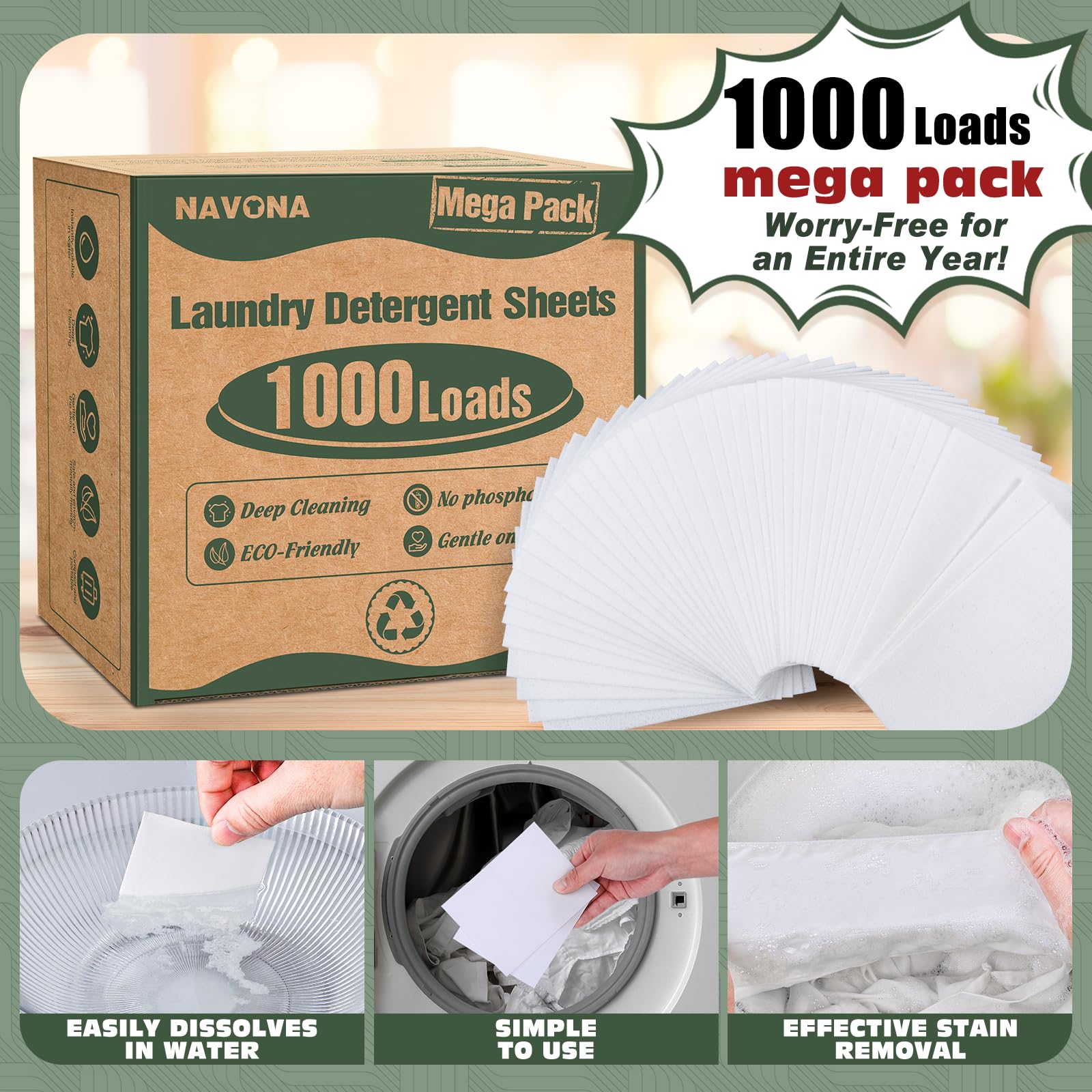 Navona laundry sheets close-up highlighting easy-to-use sheets for quick loads.