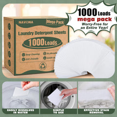 Navona laundry sheets close-up highlighting easy-to-use sheets for quick loads.