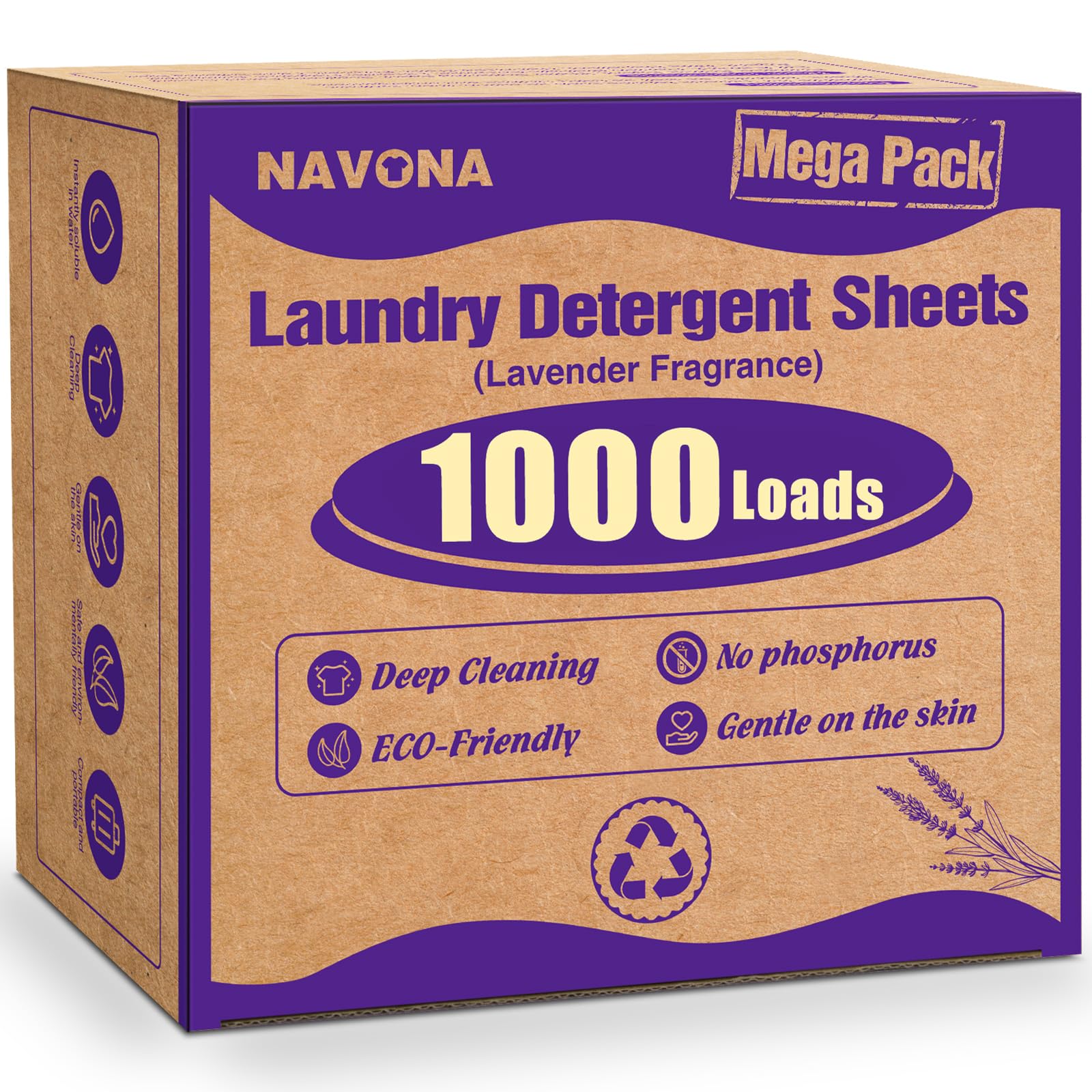 Navona mega-pack box of laundry sheets showing bulk packaging for long-term savings.