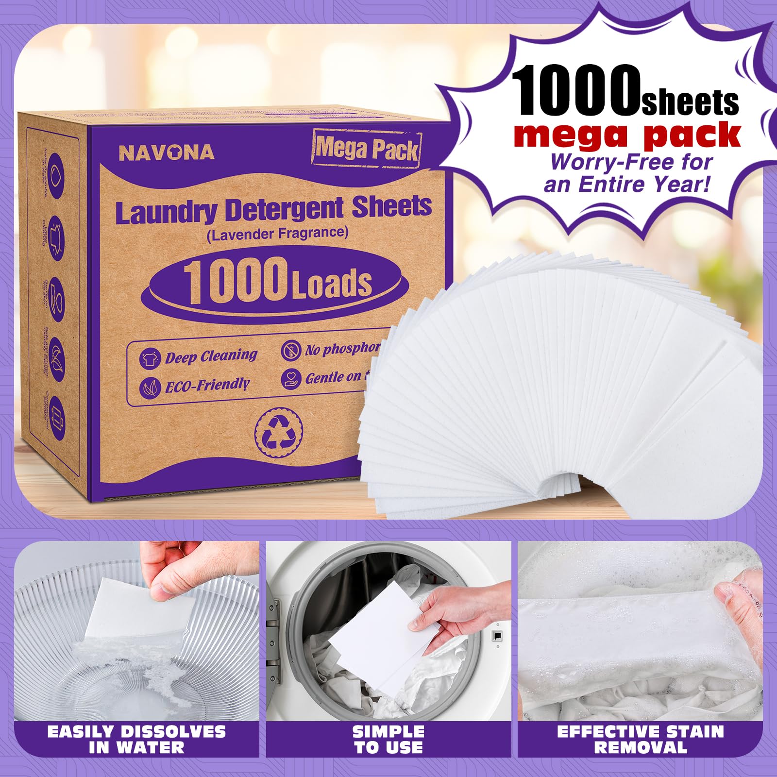 Navona mega-pack laundry sheets box contents ready for quick replenishment.