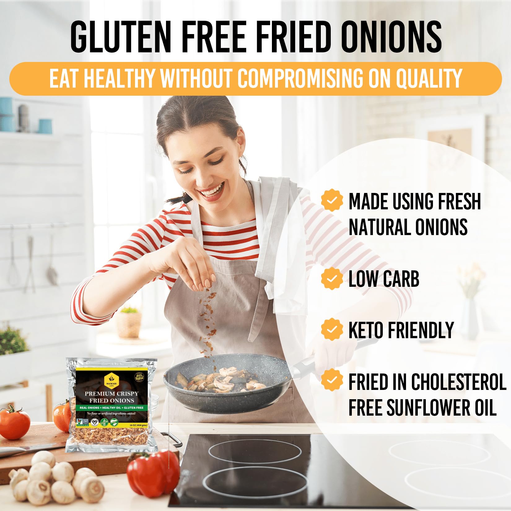 NAWABI LIFE Crispy Fried Onions ingredients list shows simple non-GMO onions
